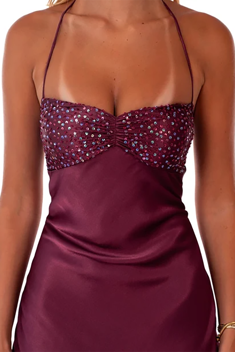 Jade Maxi Dress in Berry, a dark red burgundy satin maxi dress featuring thin spaghetti straps and a sequined bodice.