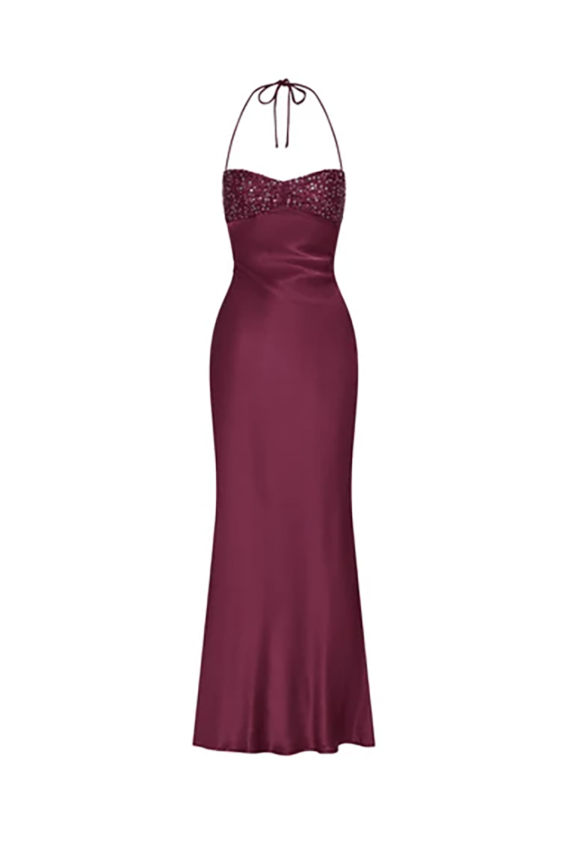 I Am Delilah Jade Maxi Dress in Berry, featuring a sequined sweetheart bodice and thin halter straps on a floor-length silhouette.