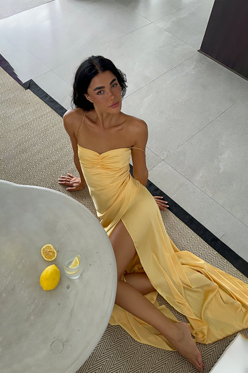 Gaia Gown in Gold Sun lifestyle 3
