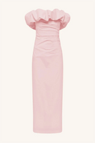 Ballerina pink Campbell Strapless Bubble Maxi Dress by Shona Joy with a gathered off-the-shoulder neckline and a ruched bodice.