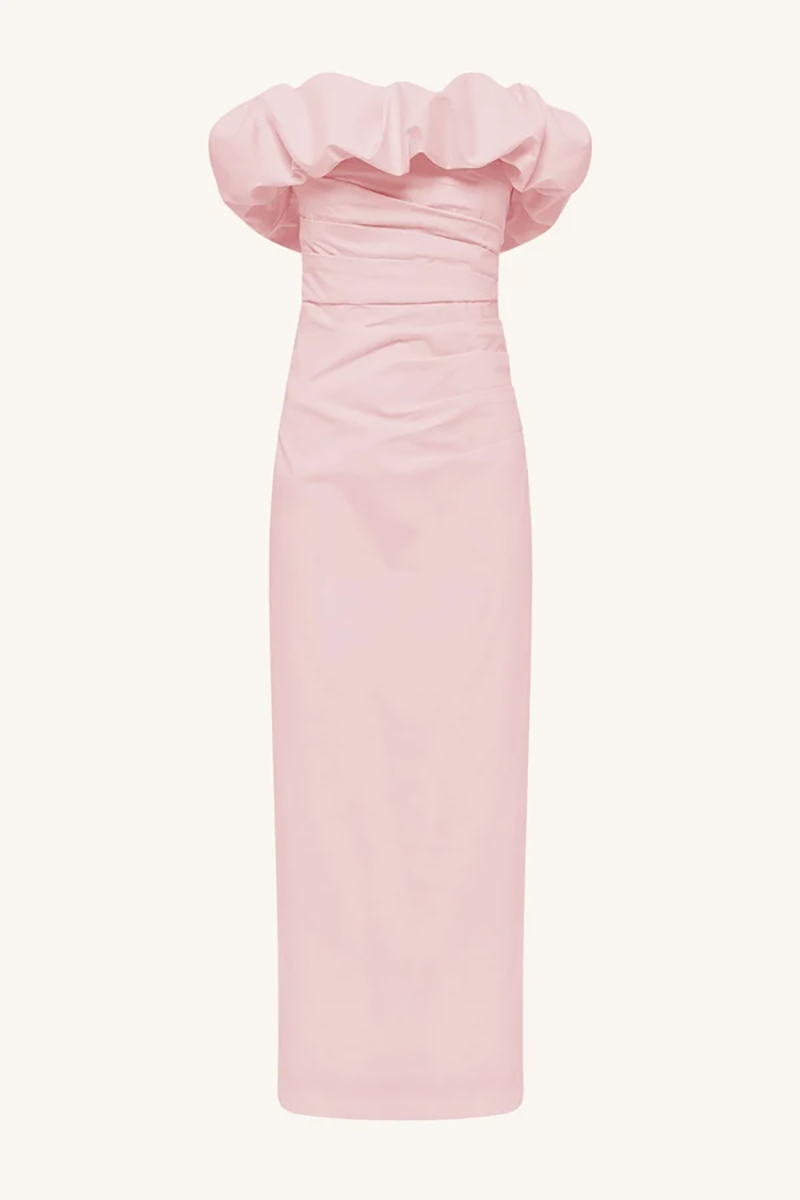 Ballerina pink Campbell Strapless Bubble Maxi Dress by Shona Joy with a gathered off-the-shoulder neckline and a ruched bodice.